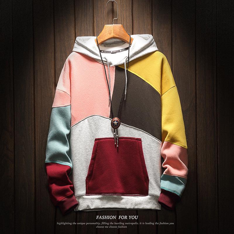 

Autumn Winter Men s Patchwork Velvet Hoodie – Youth Casual Loose Fit M