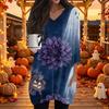 Women's Halloween Print V-Neck Casual Top with Pockets Three-Quarter Sleeves, Mid Length