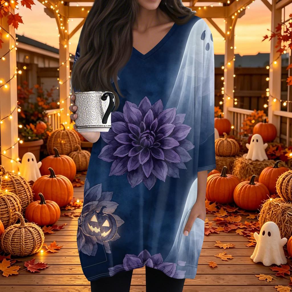 Women's Halloween Print V-Neck Casual Top with Pockets Three-Quarter Sleeves, Mid Length