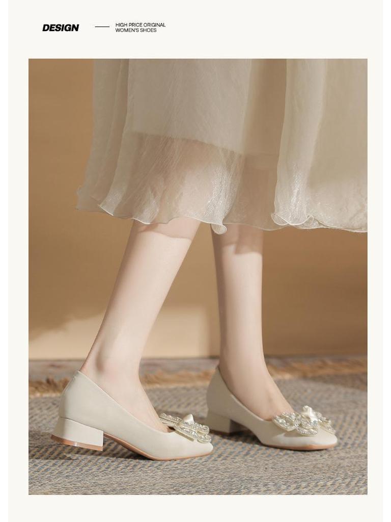 Salto Alto Feminino de Bico Quadrado com Laço de Strass - Estilo Fada, Salto Grosso, Confortável, Sapatos que Combinam com Tudo