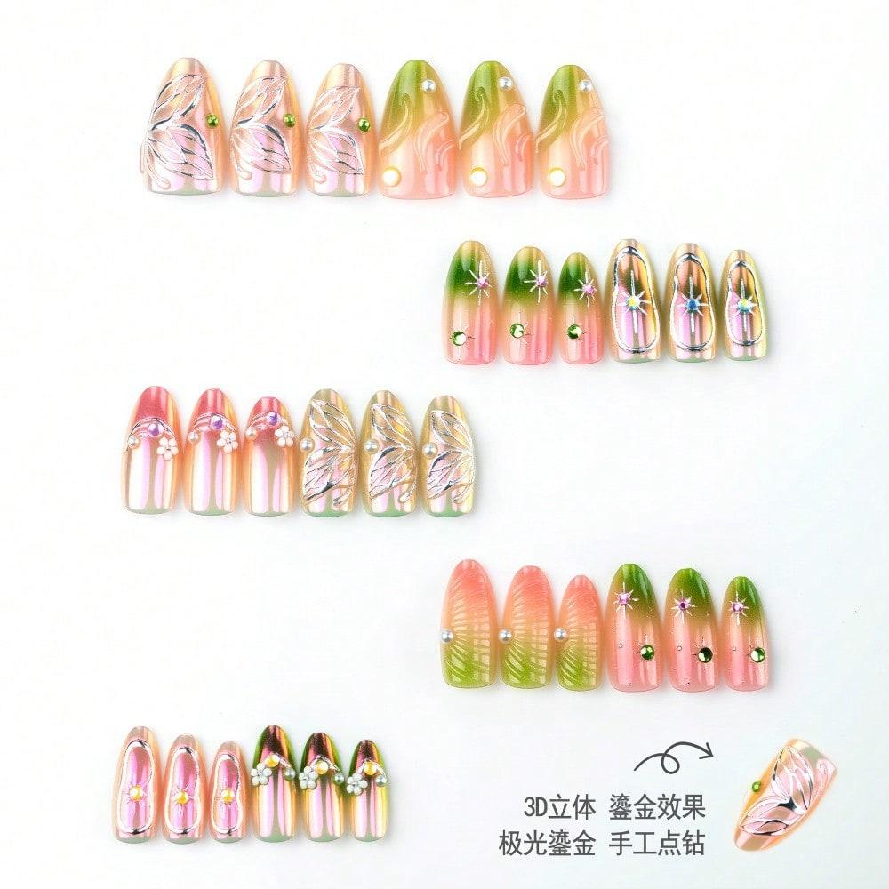 30 Stück Premium Lila Aurora Vergoldet 3D Dreidimensional Schmetterling Blume Mandel Trage Nagel Handgemacht Diamant Nagelkunst