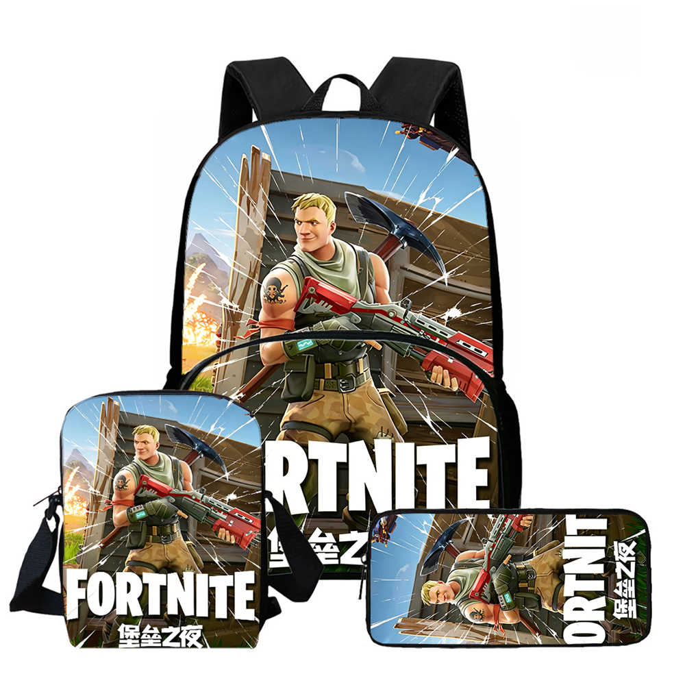 3Pcs Set School Backpack With Front Pocket & Crossbody Bag & Pencil Bag,Cartoon Fortnite For Age 6-10,Lightweight For Boys Girls