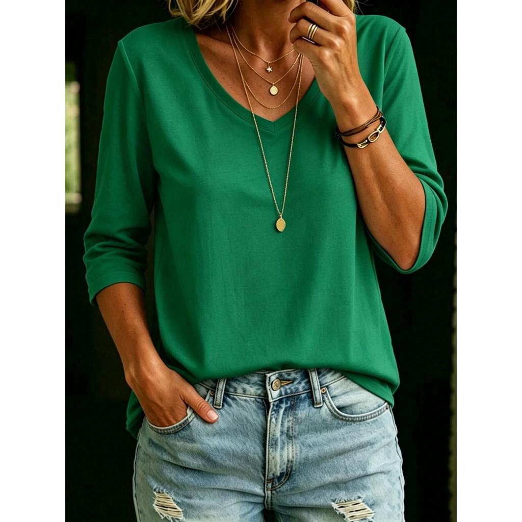 Women's V Neck Three Quarter Sleeve Tee Tops Loose Solid Color Basic Casual Blouse