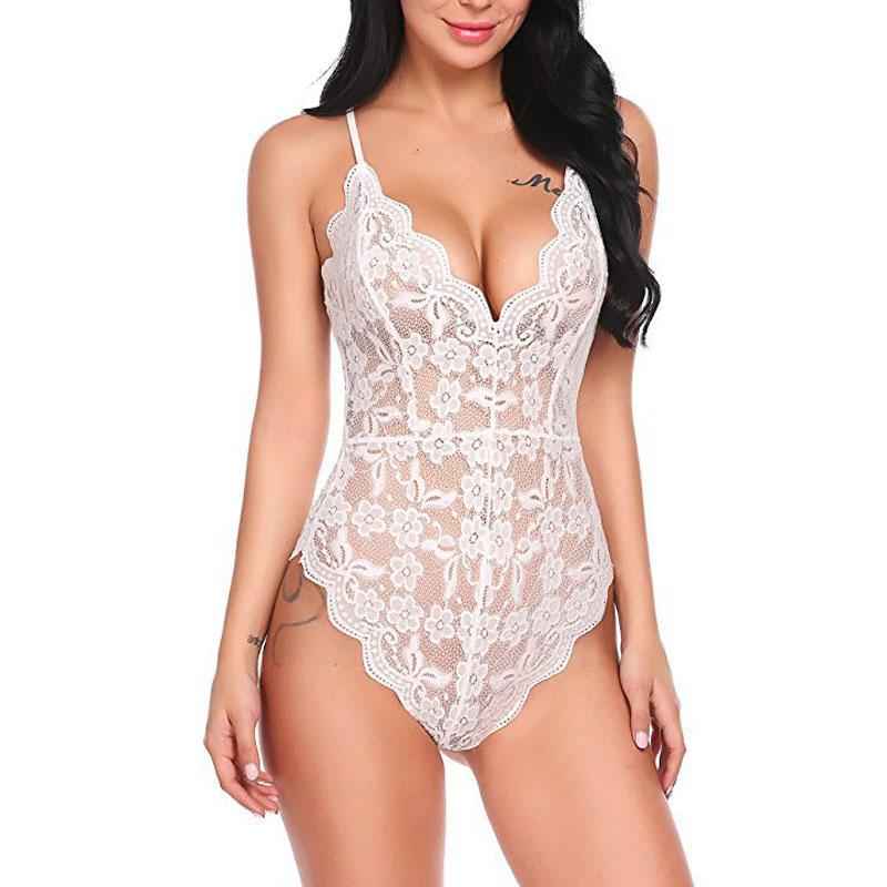 Sexy Women Bodysuits Lace Sling Perspective Lingerie Deep V-Neck Bodysuit