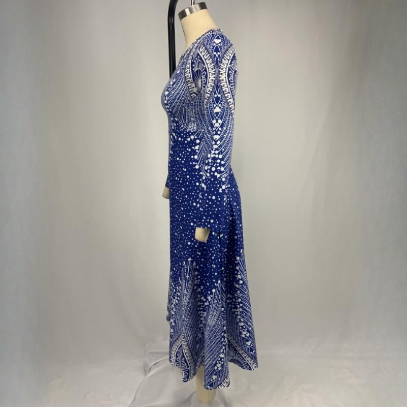 QICED Women's O-neck Vintage Print Long Sleeve Maxi Dress Spring Autumn