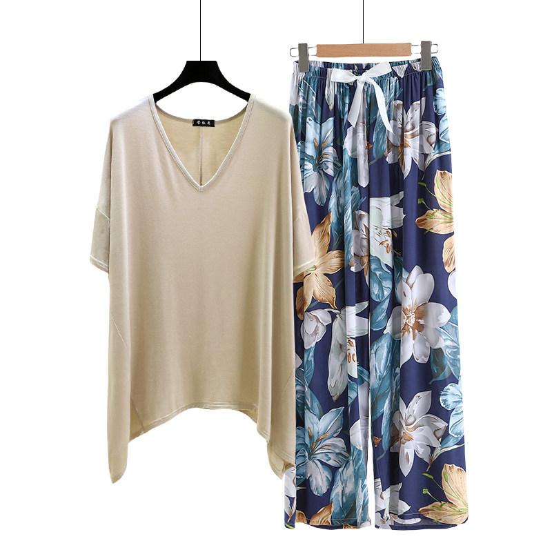 irregular Tshirt and floral wide leg pants summer women's casual pajamas sets Short sleeve homewear suit Loose lightweight Loungwear Plus size