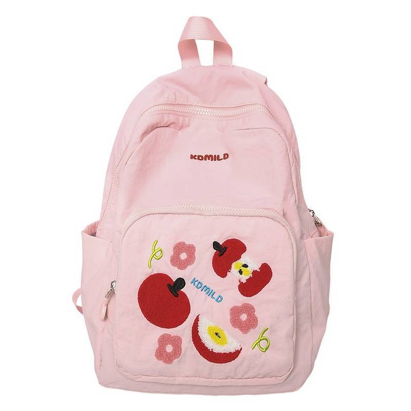 Fruit Pattern Nylon Backpack For Girls With Apple Print And Zipper Design