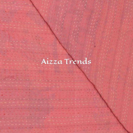 Aizza Trends Cuvertură Kantha din bumbac pur lucrată manual - Pătură decorativă tradițională indiană-Cuvertură vintage din sari de mătase de bumbac