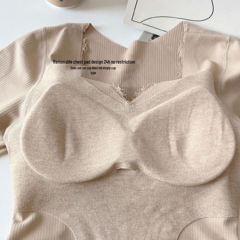 Women's V-Neck Long Sleeve Thermal Set: Warm Ginger Camellia Oil Cashmere Silk Base Layer with Slim Fit Trousers for Autumn.