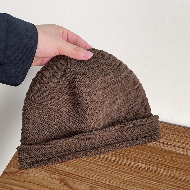 Korean-style large head circumference drawstring knitted beanie for women, with rolled edges, pullover cold hat, face-slimming head wrap, postpartum