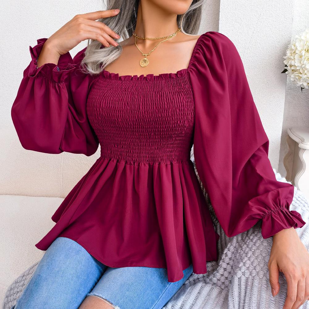Women Spring Summer Square Neck Solid Color Long Sleeve Chiffon Shirt Wooden Ears Tops