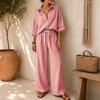 Women Striped Collar Button Down Shirt Three Quarter Sleeve Top Elastic Waist Casual Pants Two Piece Set Loose Fit Lightweight Fabric