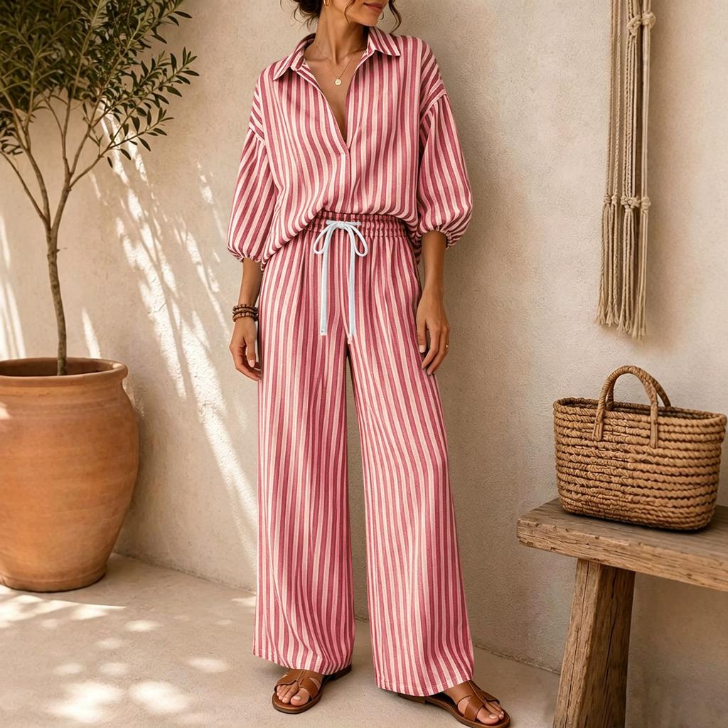 Women Striped Collar Button Down Shirt Three Quarter Sleeve Top Elastic Waist Casual Pants Two Piece Set Loose Fit Lightweight Fabric