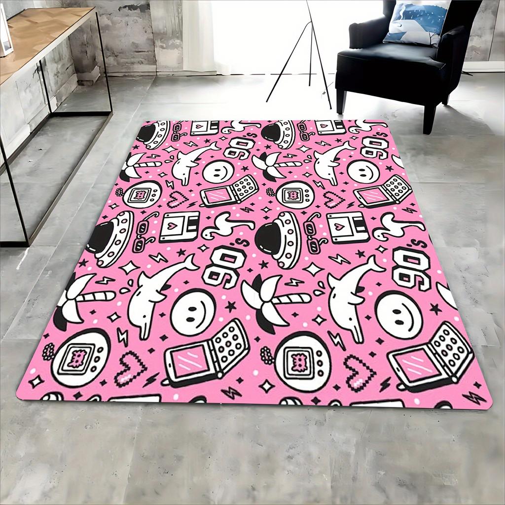 Pink Carpet Fashionable and Joyful Face Geometric Cartoon Printed Rug Machine Washable and Non Slip Decorative Living Room Mat