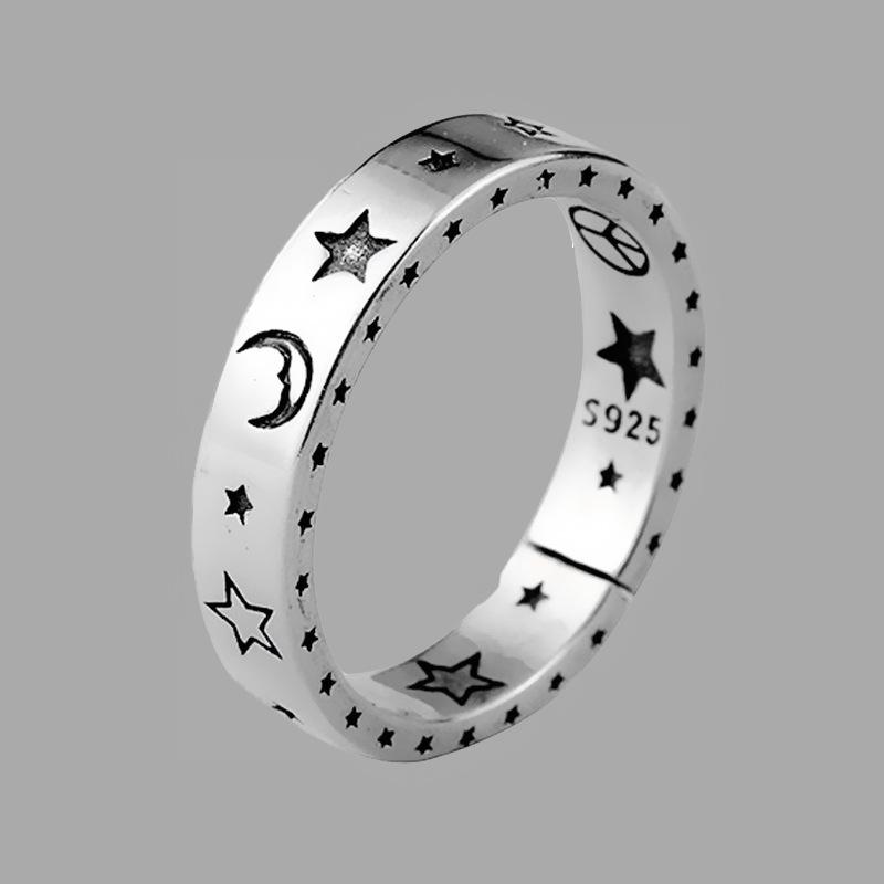 Korean Vintage Moon Star 925 Silver Finger Ring For Women Party Wedding Jewelry Jz404
