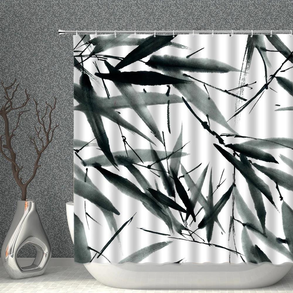 Bamboo Shower Curtain Plant Ink Painting Bathroom Curtain PolyesterFabric White Background Home Decoration With Hook Bath Decor