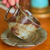 Handcrafted Ceramic Coffee Cup and Saucer Set 7.4 Oz Mug with Unique Handle Rustic Glazed Finish Modern Design for Espresso Tea