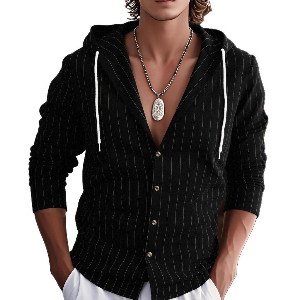 Men’s Long-Sleeved Linen Striped Shirt – New Spring/Autumn Slim-Fit Hooded Casual Shirt for Men