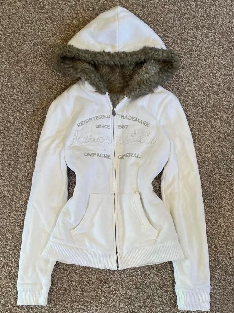 

Урожай лист хутряний комір з капюшоном светр осінь-зима блискавка Y2K ретро флісова куртка Harajuku вишивка плюшеві темні моди M чорний