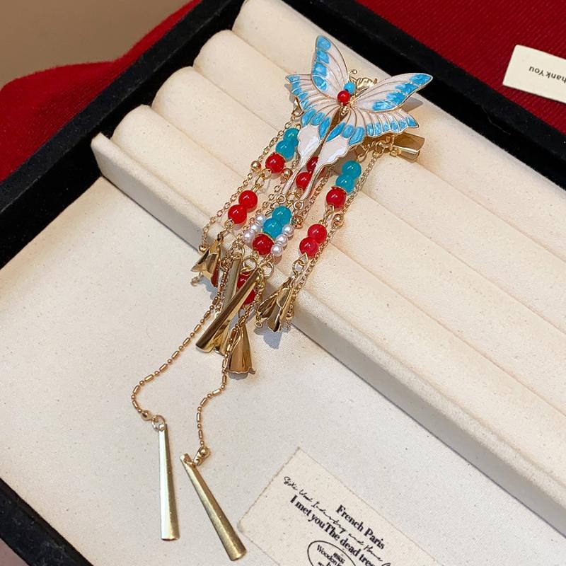 Chinese Style Enamel Butterfly Tassel Hairpin Women'S Hanfu Ancient Style Side Clip Hair Accessory