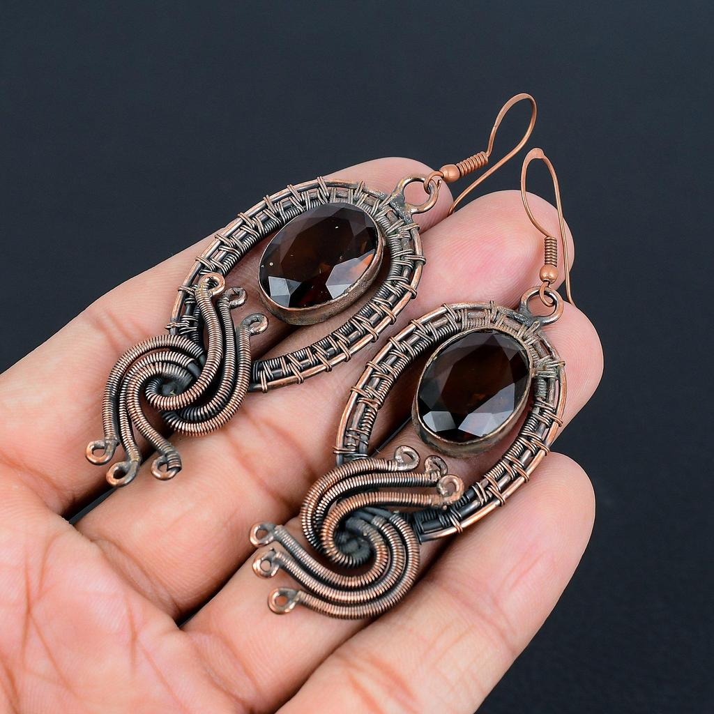Smokey Topaz Earrings Gemstone Jewelry, 999 Copper Wire Wrapped Handmade Earrings, Latest Design Jewelry