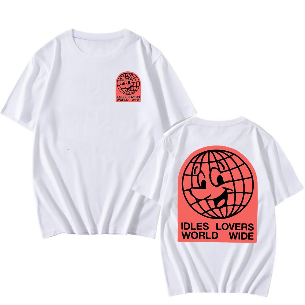 

IDLES LOVERS WORLD WIDE Футболки Короткий рукав Летняя Хлопковая футболка Хлопок Мягкая Мужская Женская Футболка Повседневная Панк Унисекс Уличная одежда 2XL