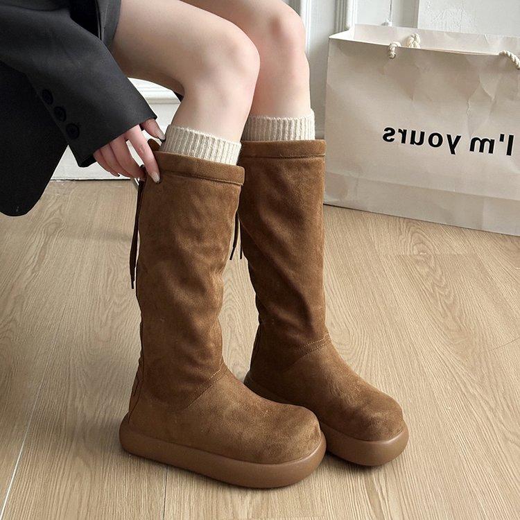 

Versatile Fleece-lined Cotton Winter Boots For Women Pure Leather Two-way Wear Flat Heel Medium Length Warm Footwear 35