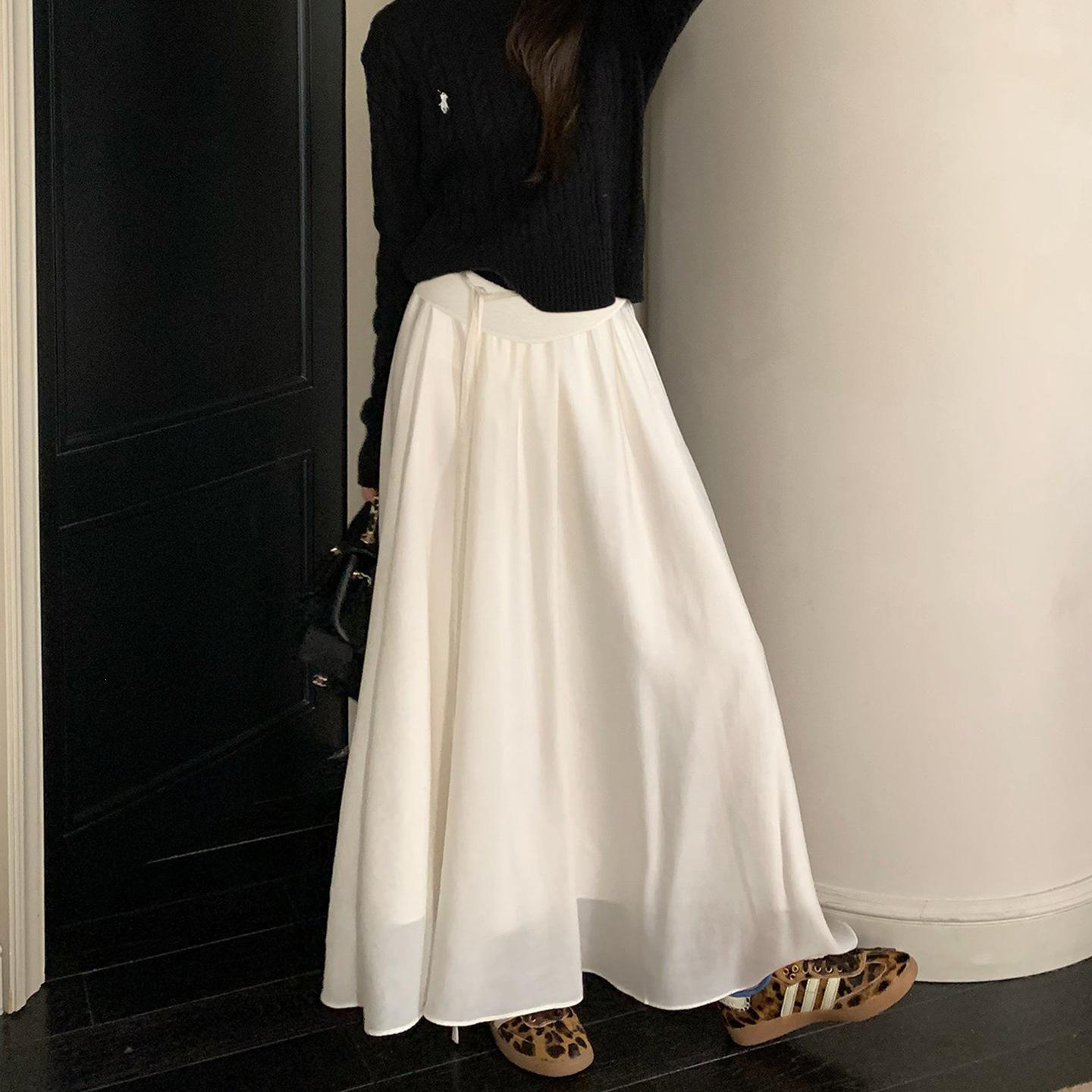 

2026 Spring/Summer Maternity Faux Silk A-line Midi Skirt with Belly Support - Korean Style Rope Texture Umbrella Design L