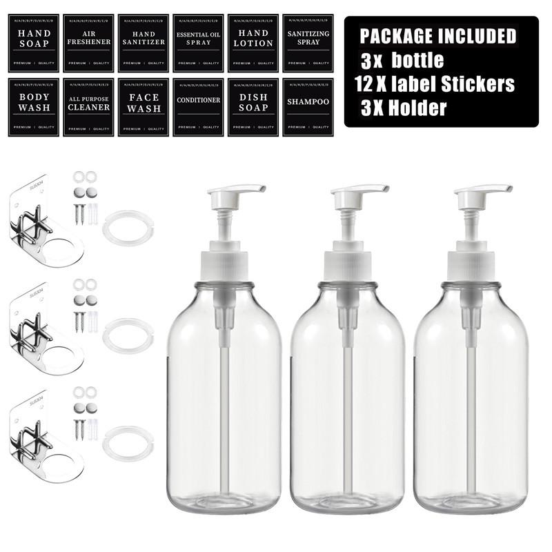 Flacon de loțiune transparentă de 500 ml Flacon reîncărcabil cu etichete cu flacon de loțiune Suporturi de perete Balsam șampon