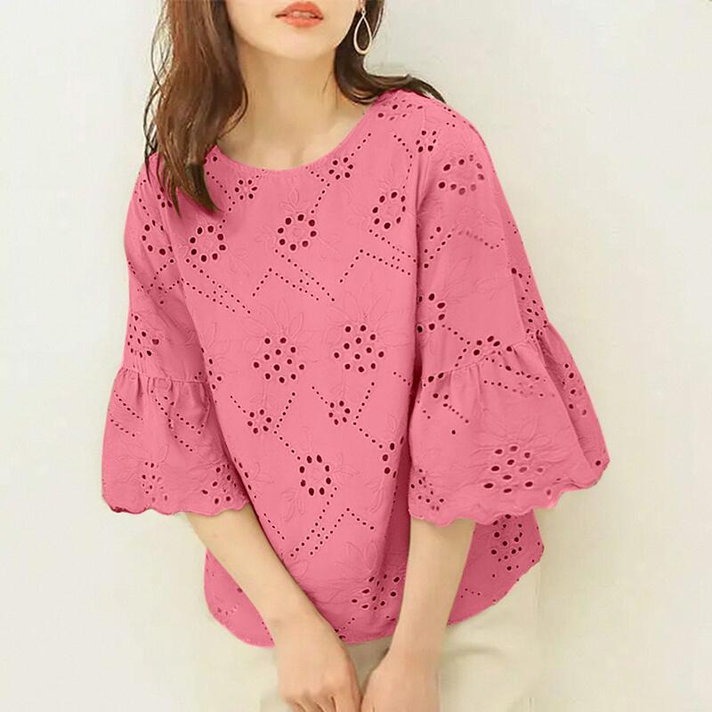 

ZANZEA Женская повседневная блузка с ажурной вязкой, пэчворк, летняя, рукав 3/4 M