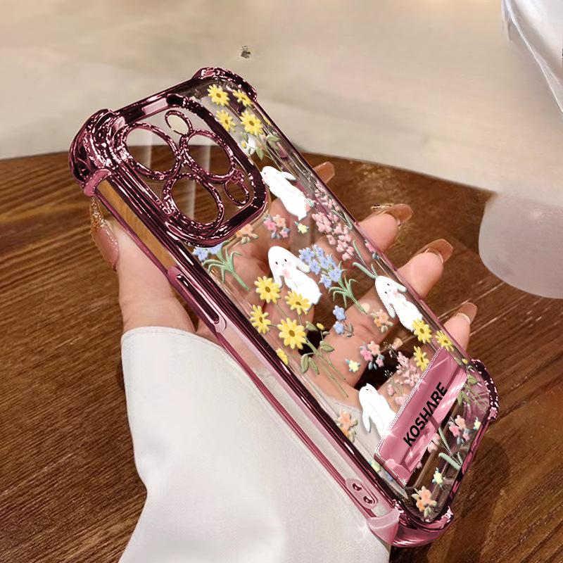 Cute Rabbit Flowers and Plants Suitable for Iphone16e Apple 15promax Mobile Phone Case 14 Electroplating Anti-fall 13 Silicone X