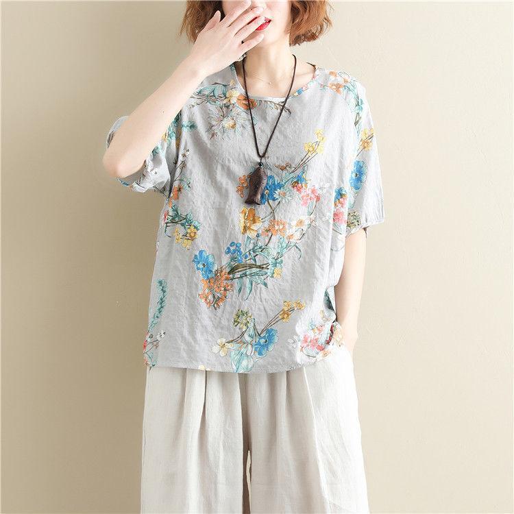 Vintage Printed O-Neck Half Sleeve Shirt Oversized Loose Commute Women's Clothing Summer Fashion Casual Blouse