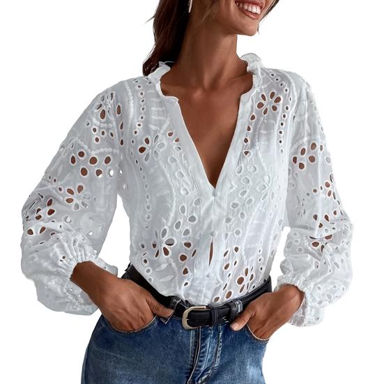 

Женская рубашка с V-образным вырезом, рукавами-фонариками, длинным рукавом, однобортная, топы-рубашки, детали с оборками, ажурный дизайн, повседневная рубашка S белый