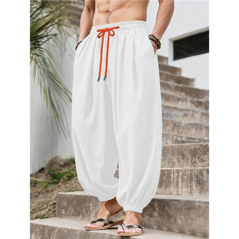 Men's Loose-fit Harem Pants, Elastic Drawstring Waist, Non-stretch Casual Lantern Trousers, Lightweight Quick-dry