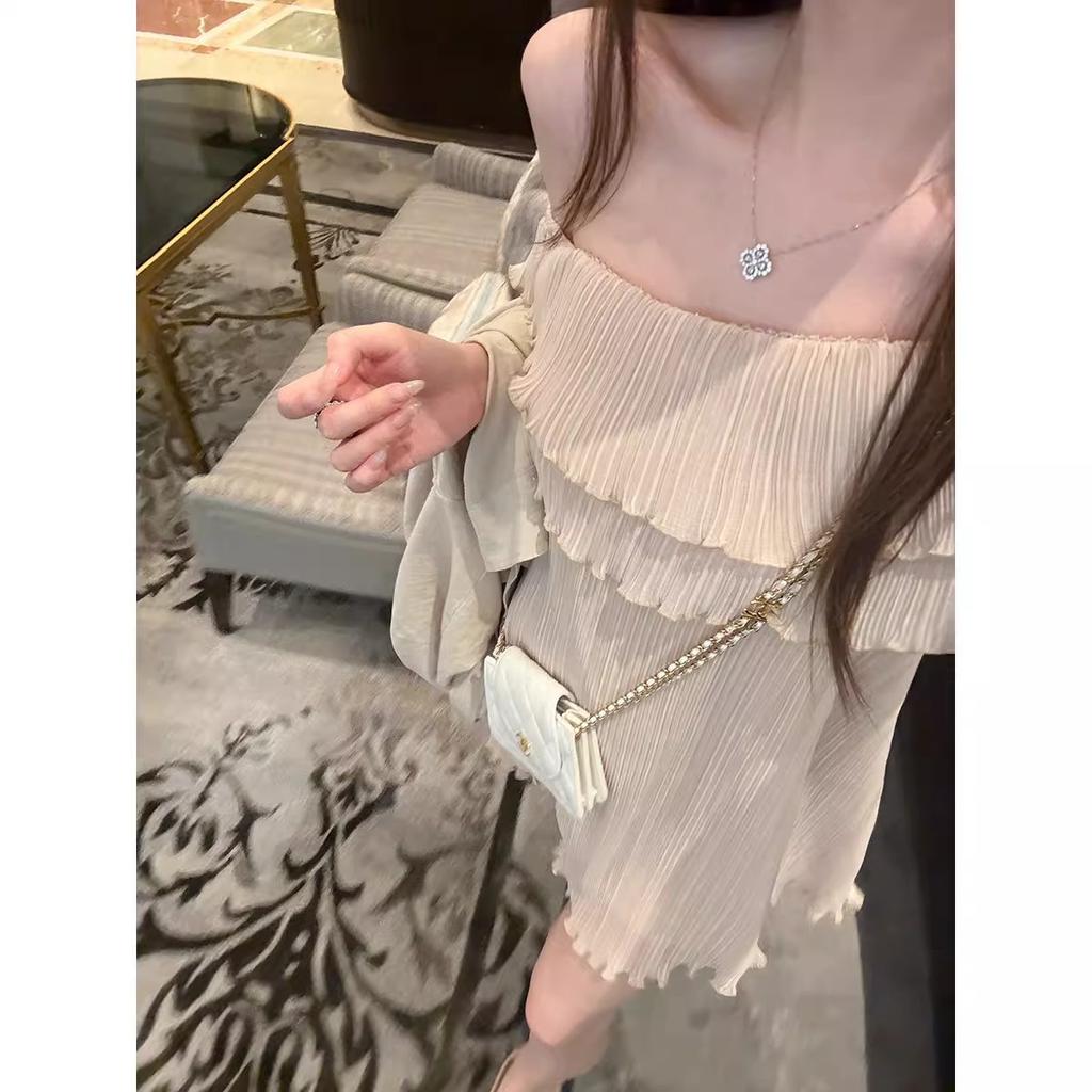 Lotus leaf edge slanted shoulder sleeveless dress women's summer new pure desire loose short skirt vacation style a word skirt