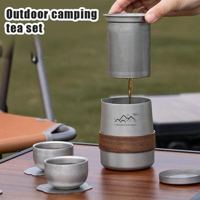 Titanium Alloy Cup Portable Travel Tea Set Outdoor Camping Tea Brewing Cup 1pc Titanium Cup and 3pc Teacup Outdoor Tableware