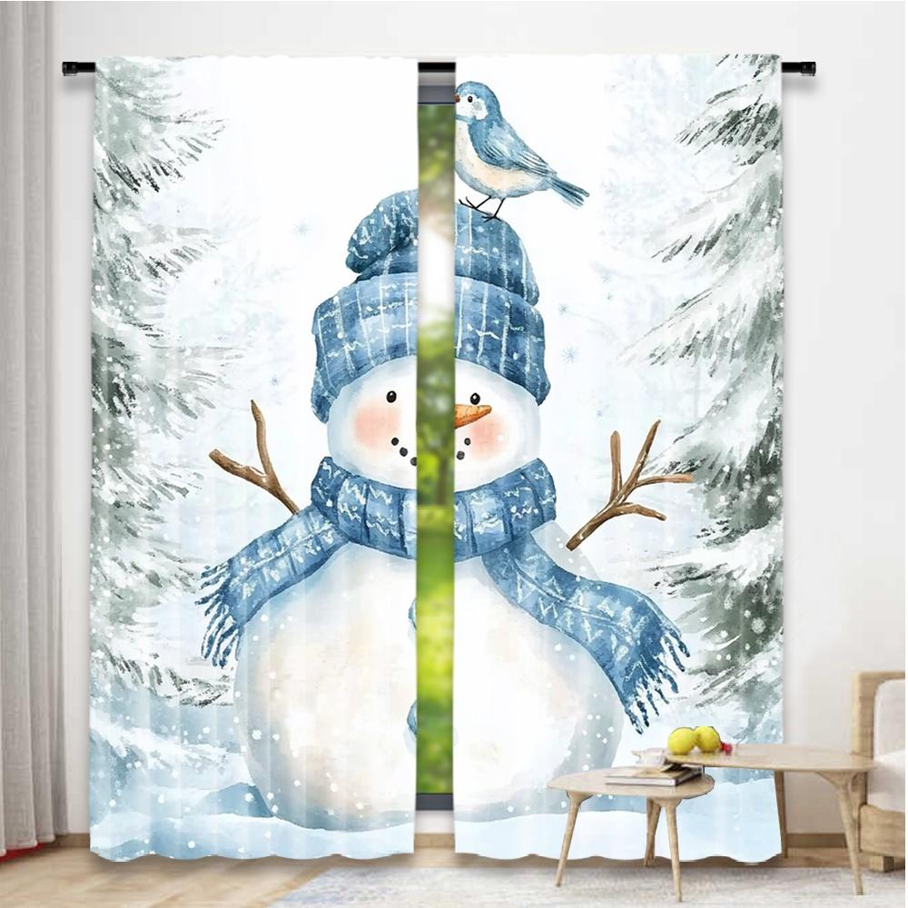 2pcs 2D Flat Printing Christmas Party Curtain Blue Snowman and Bird 100% Polyester Fabric Without Electricity Birthday Party for