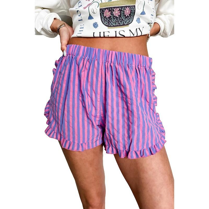 Women's High Waist Elastic Waist Shorts Straight Leg Striped Ruffle Hem Casual Lounge Shorts