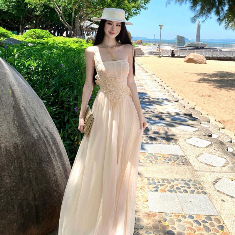Mesh Splicing Tube Top Dress for Women's Summer Waist and Thin Temperament French Vacation Style A-word Long Skirt