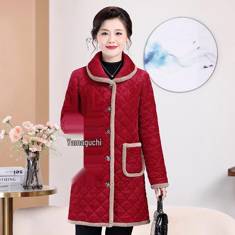 Warm Fleece-Lined Cotton Jacket for Middle-Aged & Elderly Women - Mid-Length, Loose Fit, Ideal for Autumn & Winter