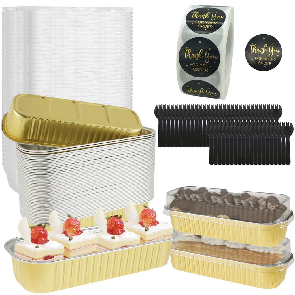 50Pcs Mini Cake Pans with Lids and Spoons Aluminum Foil Baking Pans Mini Bread Containers Muffin Tins Loaf Pans Kitchen Tools