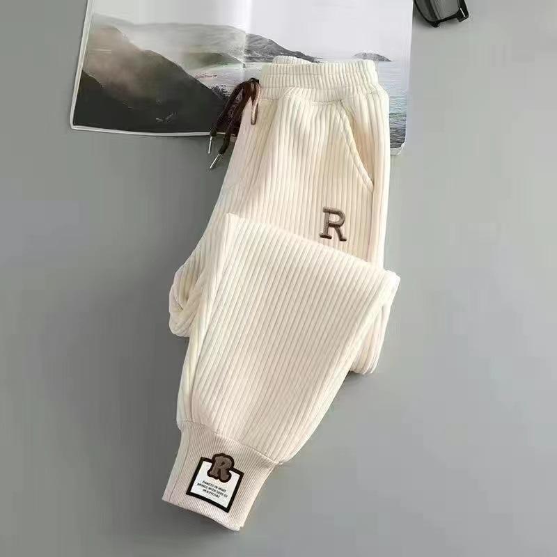 Spring and Autumn Corduroy Leggings Embroidered Label Decoration Drawstring Threaded Letter Printing Ankle Trousers Women