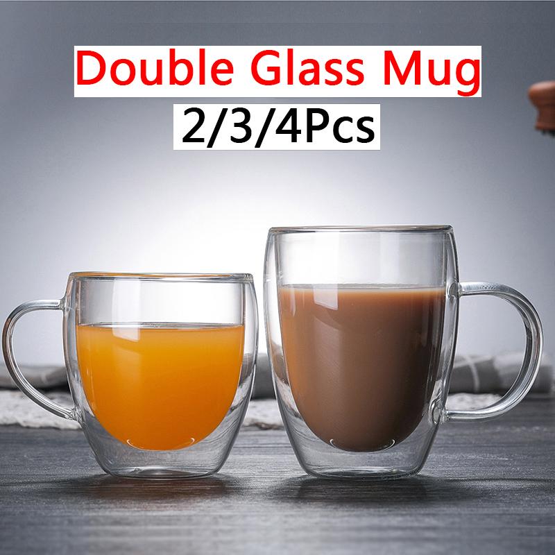 2/3/4Pcs Double Wall High Borosilicate Glass Mug Heat Resistant Tea Milk Lemon Juice Coffee Water Cup Bar Drinkware Lover Gift