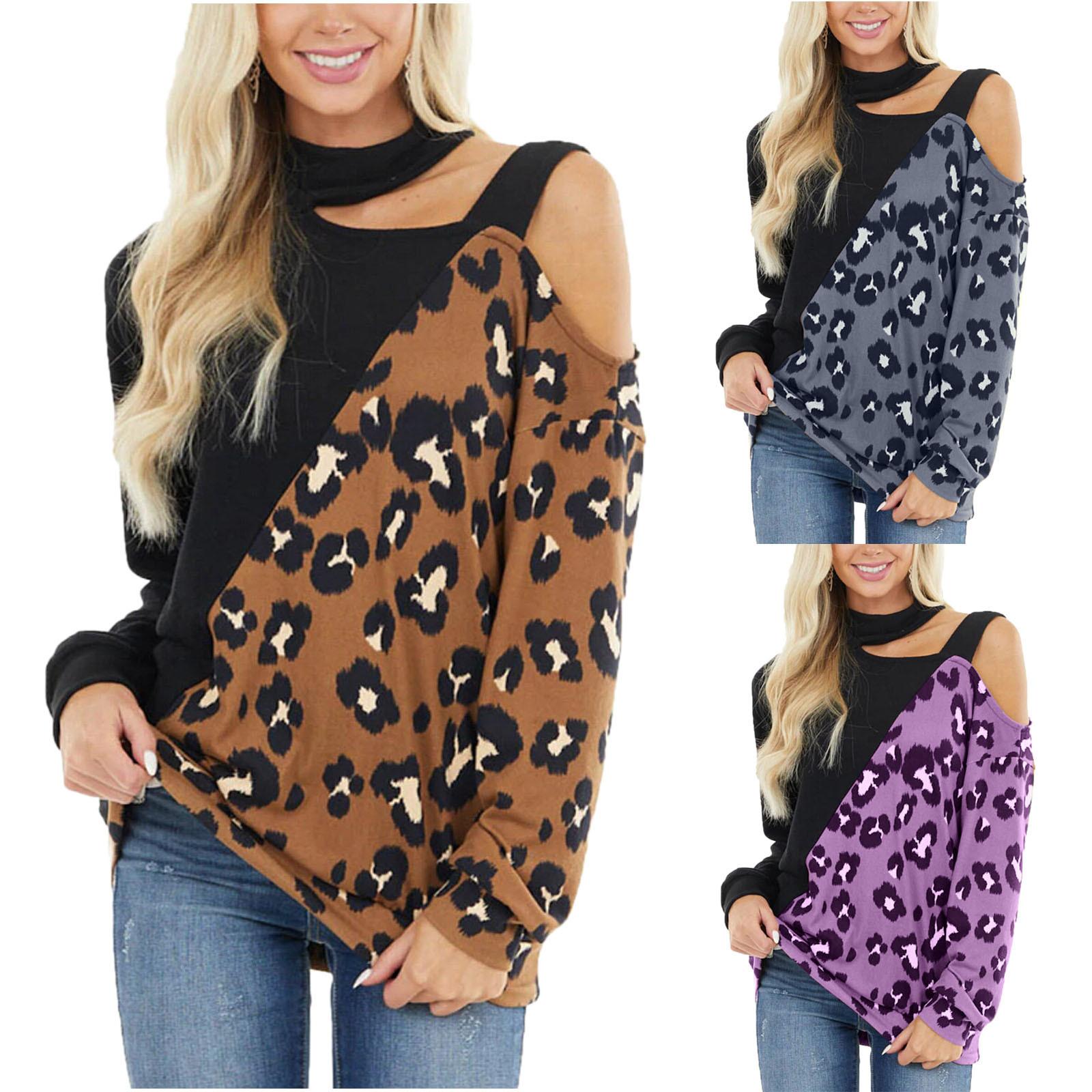 

Fashion Casual Women Leopard Print Patchwork Halter Long Sleeve Pullover Blouse