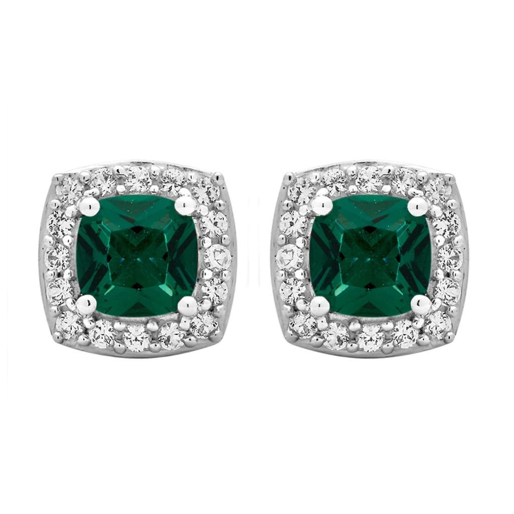 Arista Created Emerald and White Sapphire Women's Halo Stud Earrings in Sterling Silver