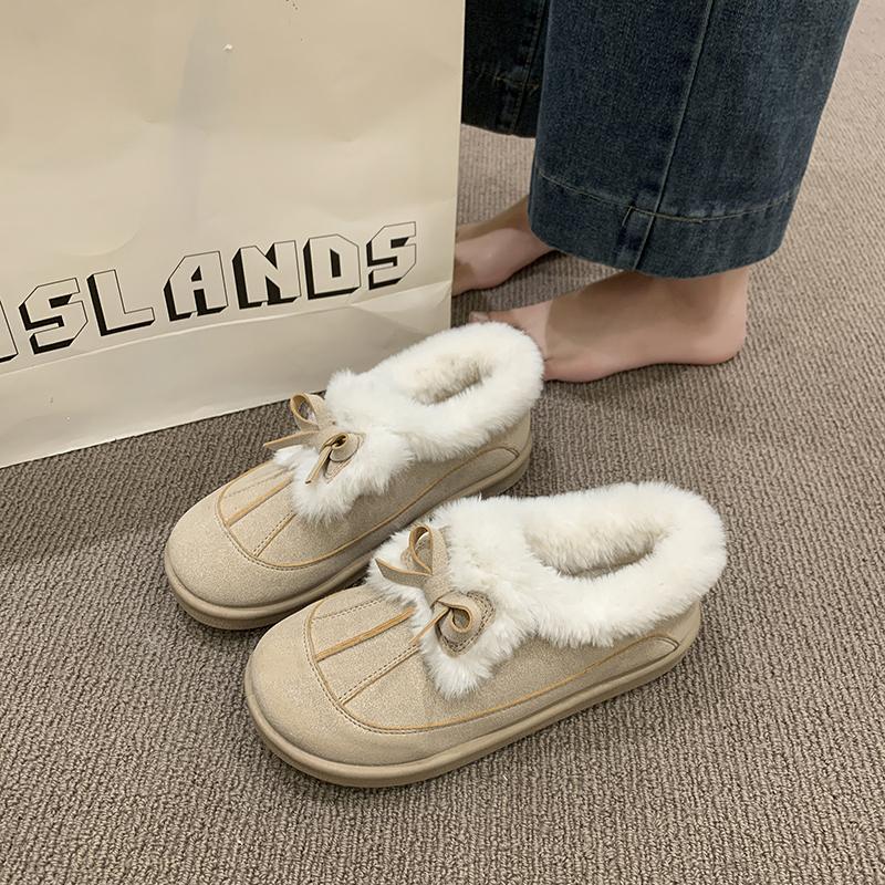 Winter Warm Short Plush Suede Casual Shoes Women 2026 Sweet Bowknot Furry Non Slip Snow Boots Fluffy Fur Woman's Ankle Boots