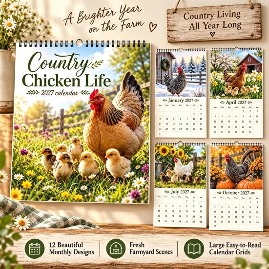 Farm Life Theme Calendar 2027 Country Chicken Wall Calendar, 12-Month Planner with Spiral Hens Chicks Binding, Thick Paper Academic Year for