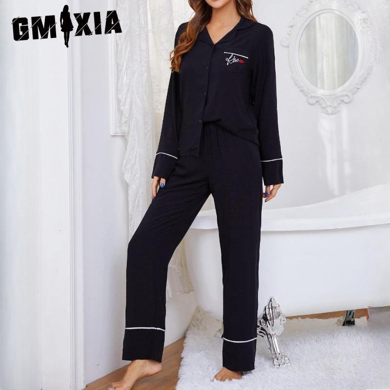 

GMXIA Пижама Женская Домашняя одежда Весна и Осень Кардиган Комплект с длинными рукавами Можно носить на улице XL чёрный