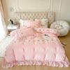 French Embroidered Lace Bubble Gauze Bedding Set Pink Elegant Princess Style Queen Duvet Cover Set Ruffled Comforter Cover Sets