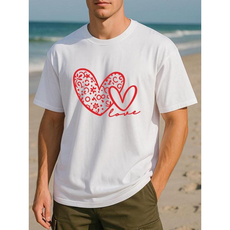 European Sizes Men'S Heart Print T-Shirt with Red Heart & "Love" Lettering - Soft Breathable Pure Round Neck Short Sleeve Casual Tee for Everyday